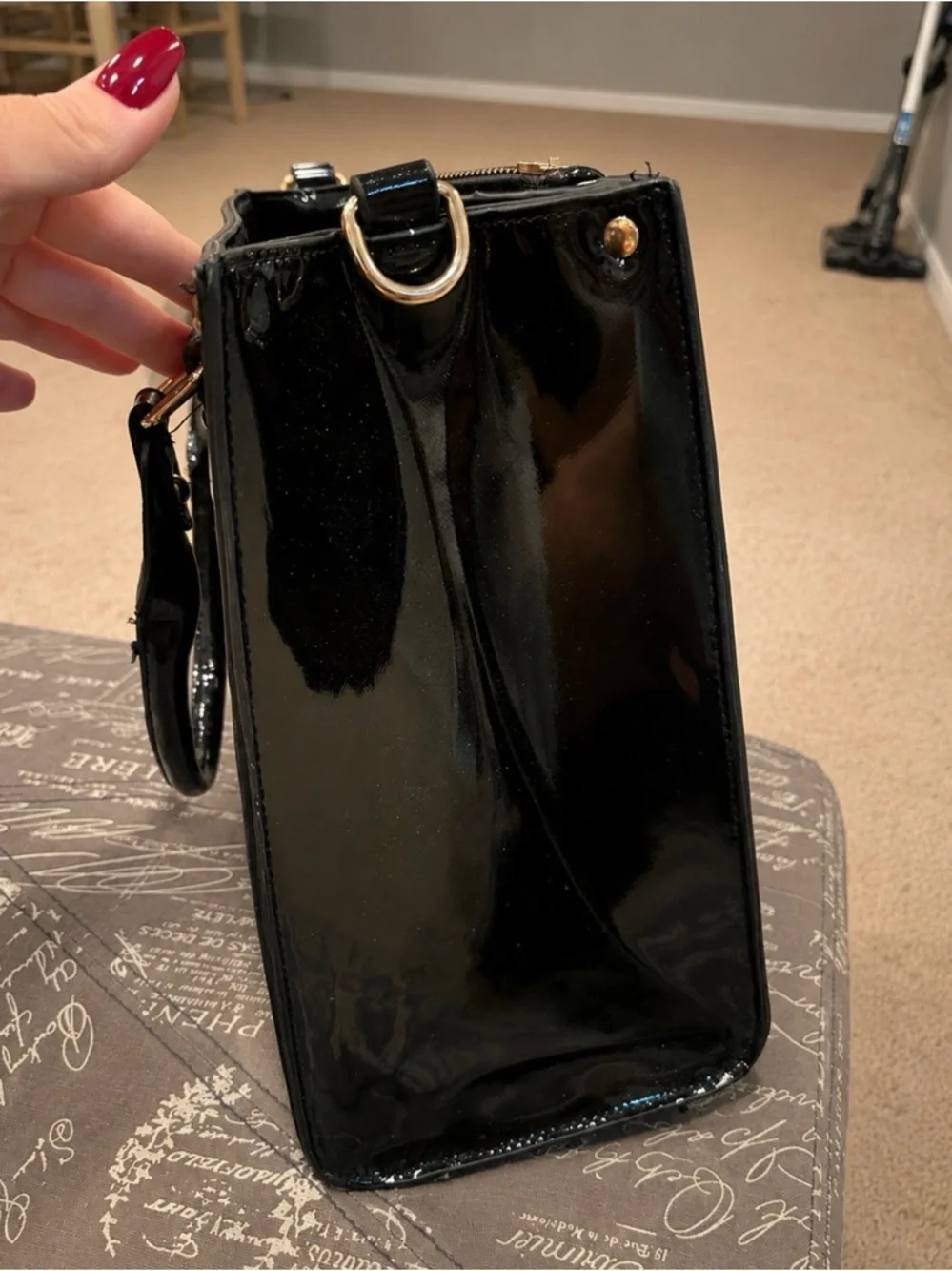Michael Kors Black Patent Satchel with Gold Lock and Logo Medallion